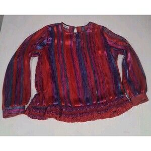 Vtg 80s Colorful Sheer Blouse Carnival Stripes Jeri Marque Womens Medium Ruffles